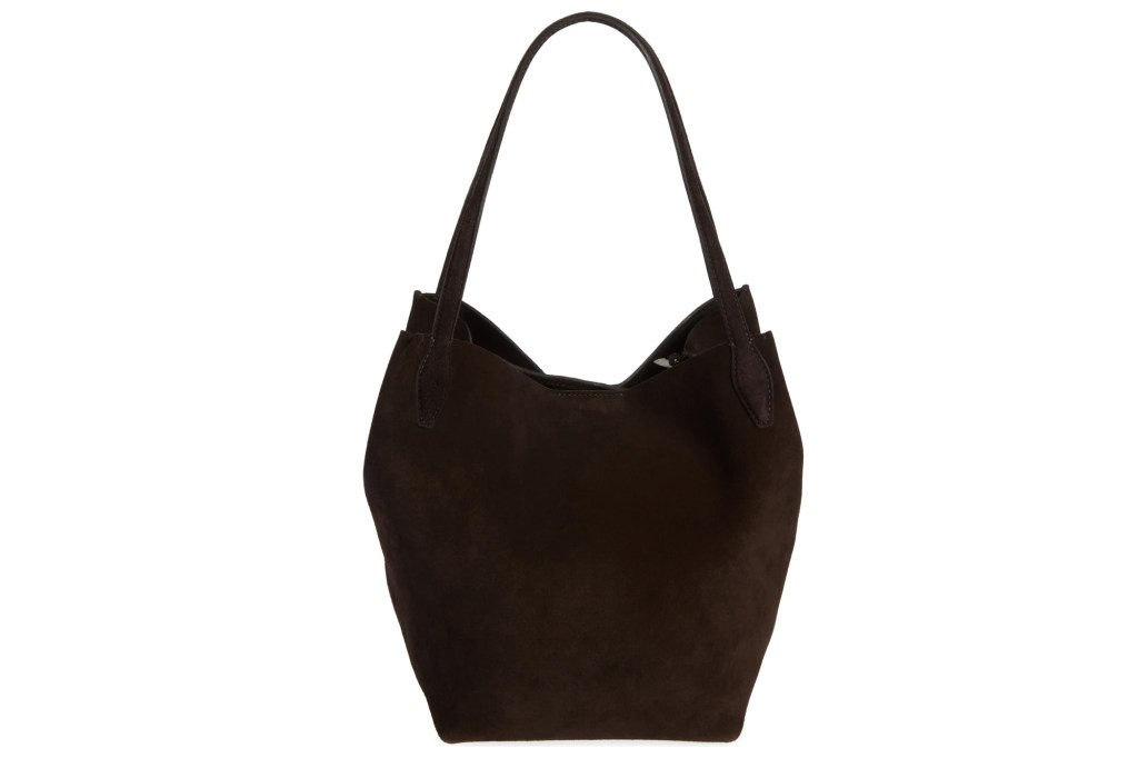 Brown suede tote bag with shoulder straps.
