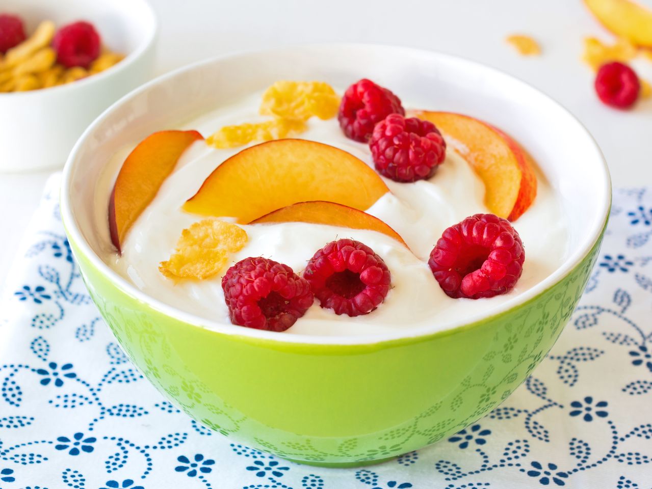 Healthy eating, yogurt, fruits and corn flakes