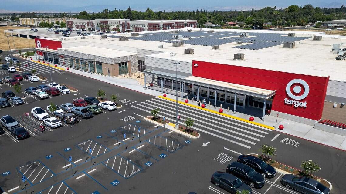 The Fancher Creek shopping center is shown in its current state on Monday, July 20, 2026 with Target anchoring the center on East Tulare Avenue and South Clovis Avenue.