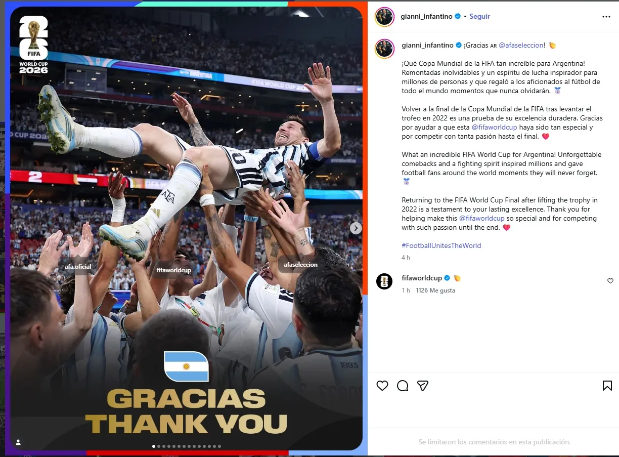 FIFA president Gianni Infantino congratulates Spain, Argentina after their 2026 World Cup campaigns