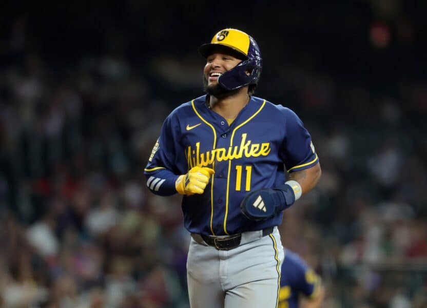 Jul 5, 2026; Phoenix, Arizona, USA; Milwaukee Brewers outfielder Jackson Chourio against the Arizona Diamondbacks at Chase Field. Mandatory Credit: Mark J. Rebilas-Imagn Images