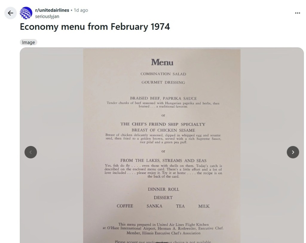 Screenshot from a Reddit post about an economy class food menu from a 1974 United Airlines flight.