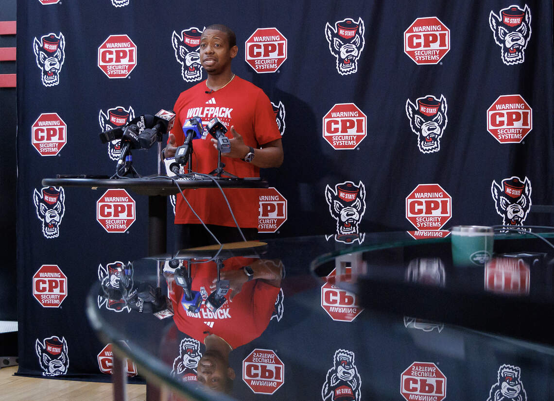 N.C. State head basketball coach Justin Gainey speaks with media at the Dail Basketball Center on Tuesday, July 21, 2026, in Raleigh, N.C.