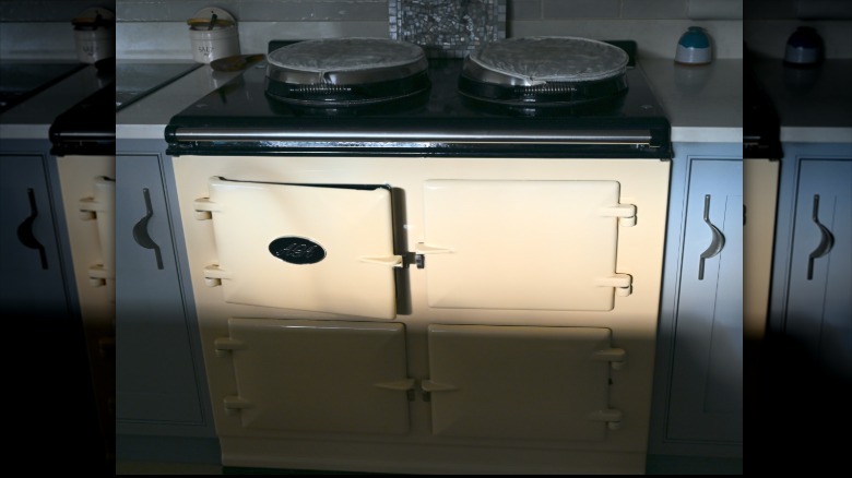 Eggshell-colored Aga range in a modern kitchen