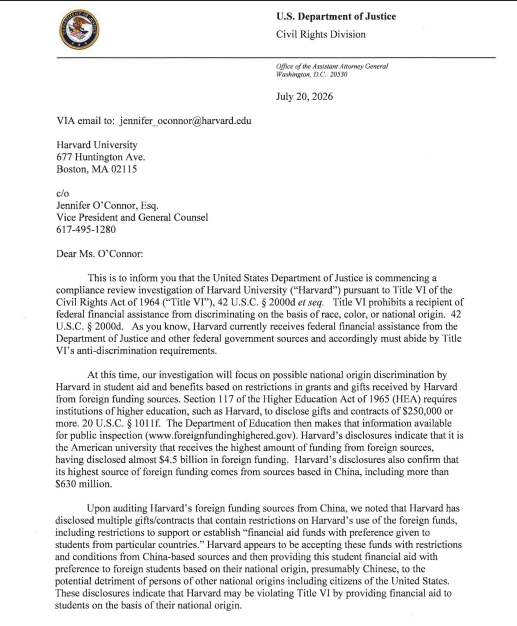 DOJ probes Harvard over China-linked donations and foreign student aid