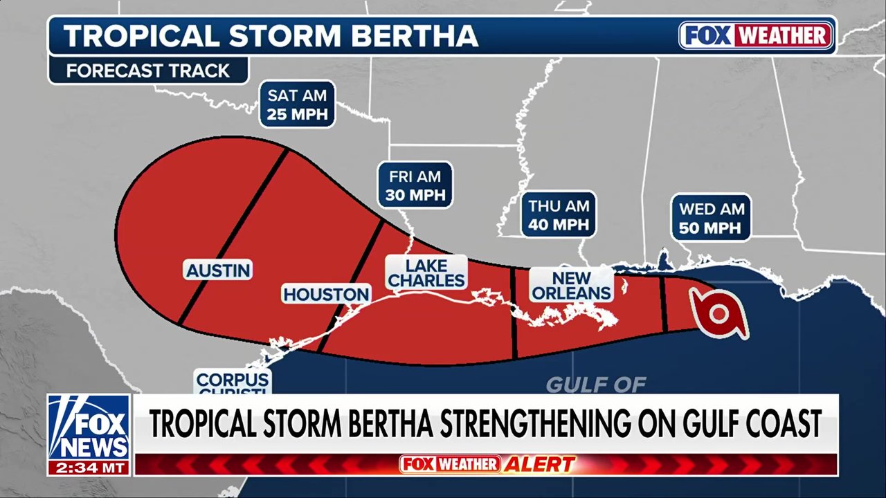 Tropical storm Bertha strengthens on Gulf Coast