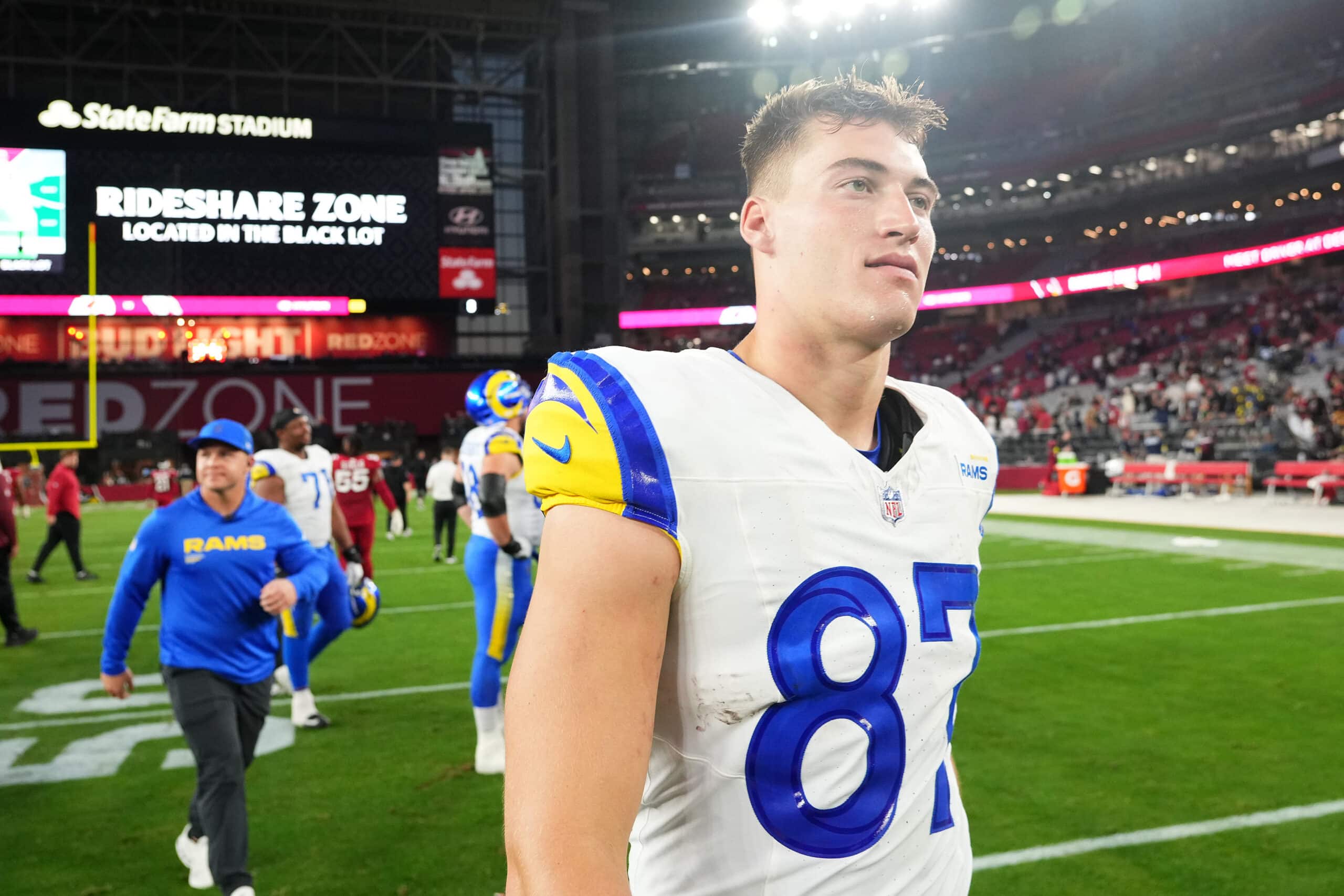 Dec 7, 2025; Glendale, Arizona, USA; Los Angeles Rams tight end Davis Allen (87) reacts after the game at State Farm Stadium. Mandatory Credit: Joe Camporeale-Imagn Images