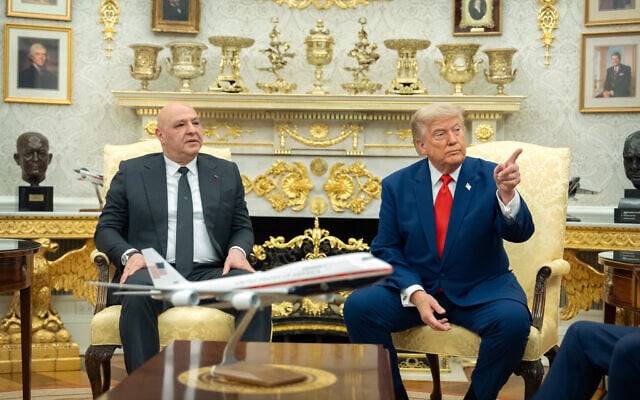 US President Donald Trump meets with Lebanese President Joseph Aoun in the Oval Office at the White House, July 21, 2026, in Washington. (AP Photo/Mark Schiefelbein)