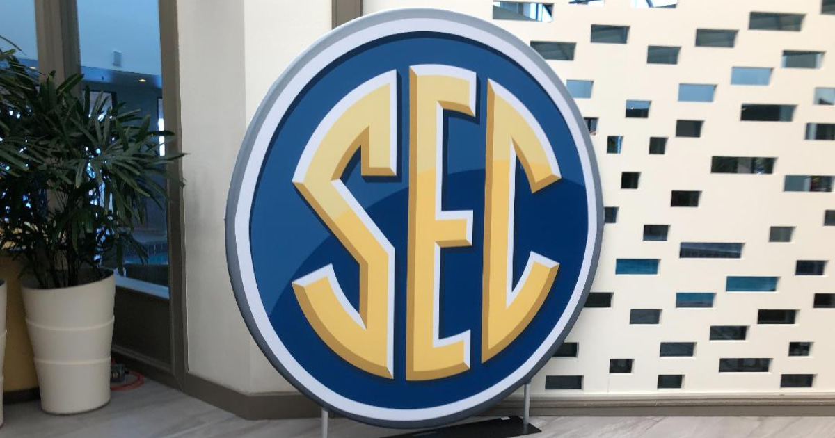 The league logo at SEC Spring Meetings in Destin, via Marc Weiszer/Athens Banner-Herald / USA TODAY NETWORK