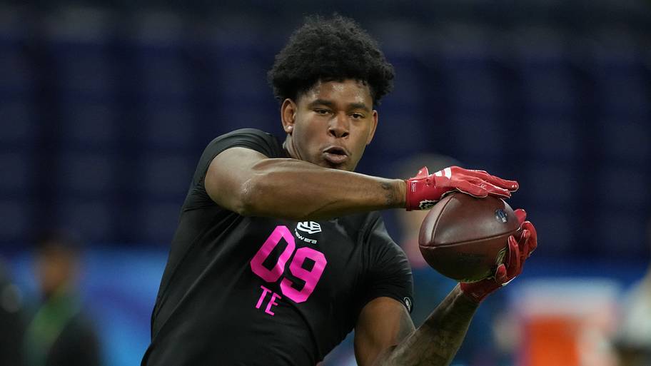 Feb 27, 2026; Indianapolis, IN, USA; NC State tight end Justin Joly (TE09) during the NFL Scouting Combine at Lucas Oil Stadi