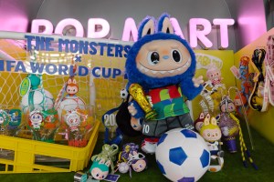 Popmart FIFA co-branded products for sale in the flagship store of Pop Mart in Nanjing Road Walkway in Shanghai.