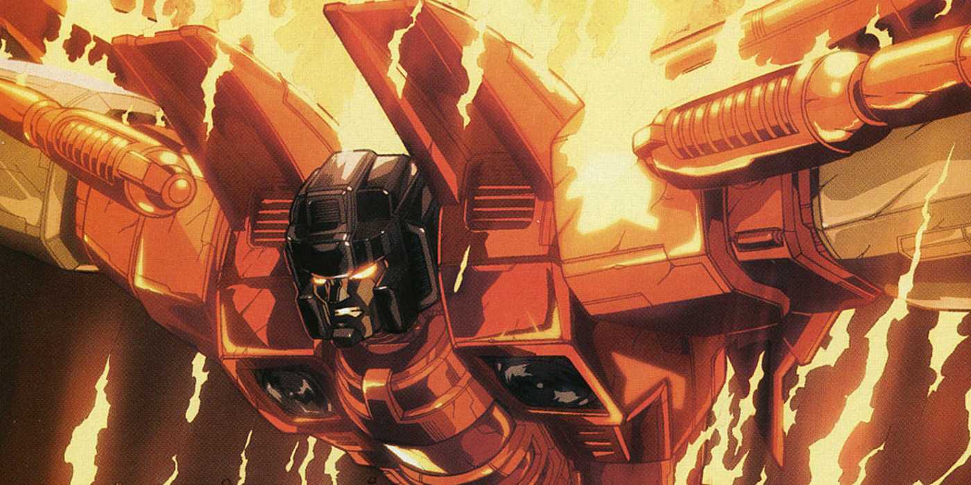 Transformers: A close-up of Sunstorm surrounded by fire.