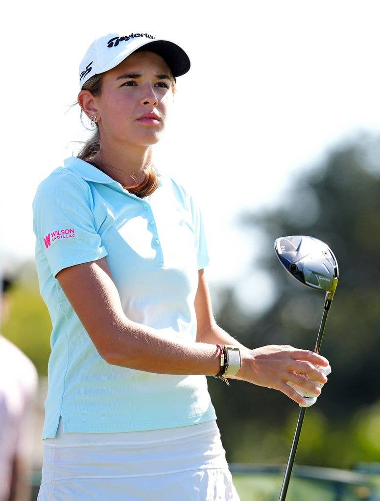 Kai Trump plays her tee shot on the 14th hole during The Annika driven by Gainbridge at Pelican on November 14, 2025