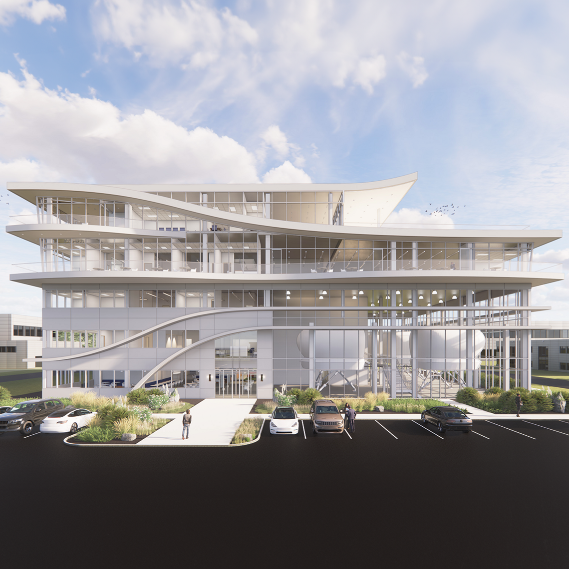 A rendering of the five-story headquarters and training center that private jet company flyExclusive had planned to build at the N.C. Global TransPark in Kinston. The company will now focus on training and maintenance at the park.