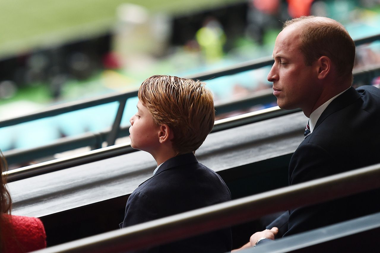 Prince William, President of the Football Association with Prince George during the UEFA Euro 2020 Championship Round of 16 match between England and Germany at Wembley Stadium on June 29, 2021 in London