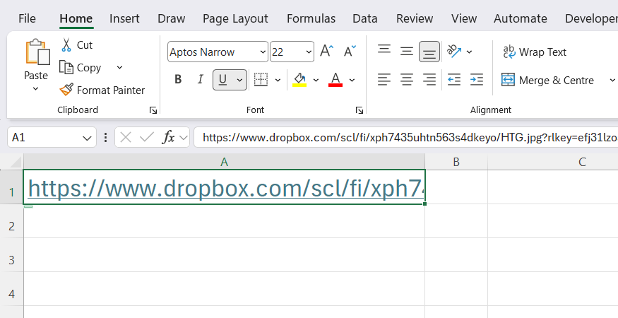 A Dropbox link in cell A1 of an otherwise blank Excel workbook.