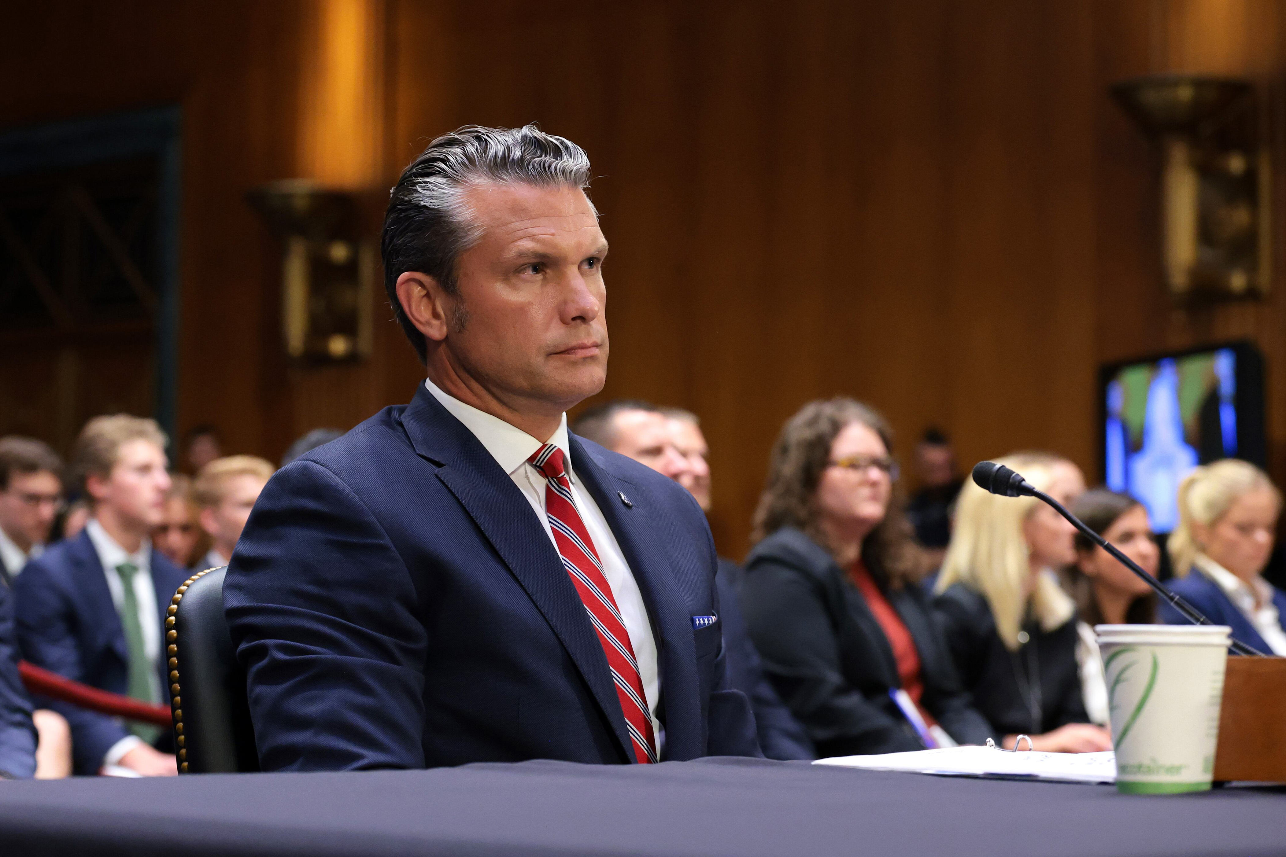 Defense Secretary Pete Hegseth would not directly answer multiple questions from Sen. Ossoff about his past comments on the war with Iran when appearing before the Senate Appropriations Committee on July 21, 2026. / Anna Moneymaker/Getty Images