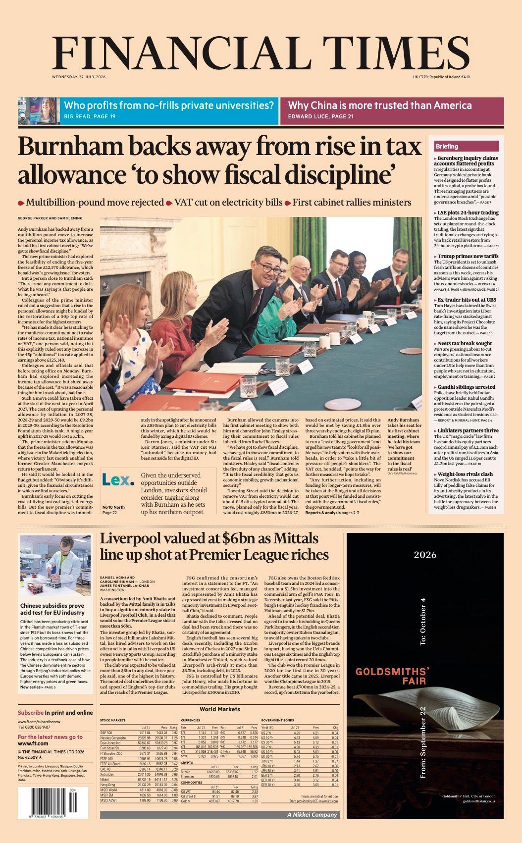 The Financial Times writes that Burnham's commitment to fiscal discipline is "immediately in the spotlight" following the announcement of his plan to cut electricity bills this winter, which he says will be funded by axing the digital ID scheme. The paper says it was allowed into the prime minister's first cabinet meeting, where he told his ministers he planned to run a "cost of living government" and urged them to consider "all the possible ways" they could help voters with their overheads.