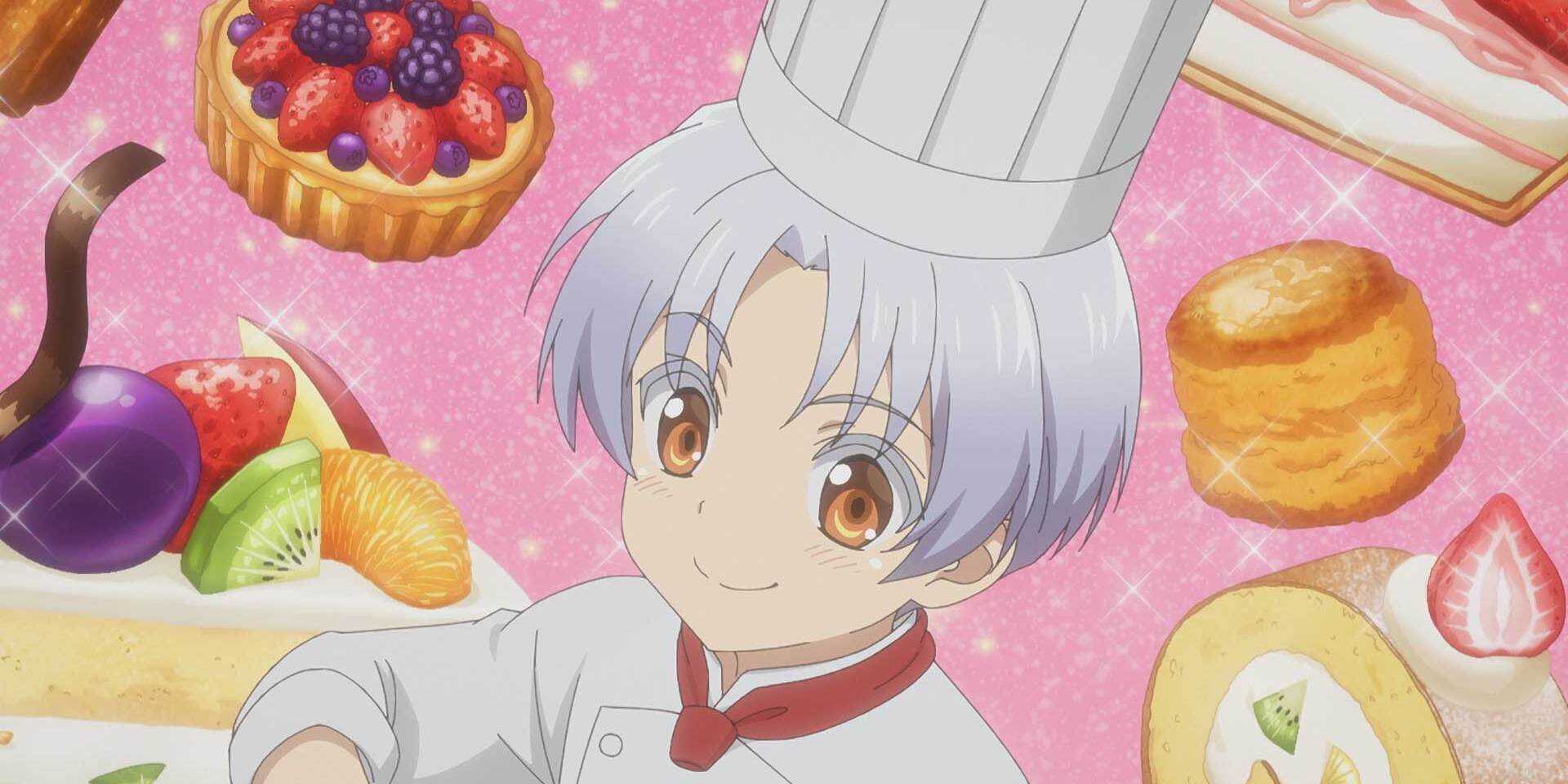 Pastry Mille Mortein surrounded by baked goods in the Sweet Reincarnation anime.