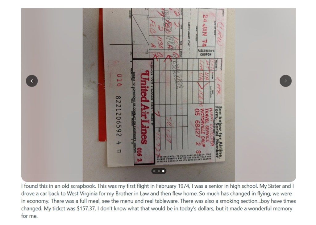 Screenshot from a Reddit post about an economy class food menu on a 1974 United Airlines flight.