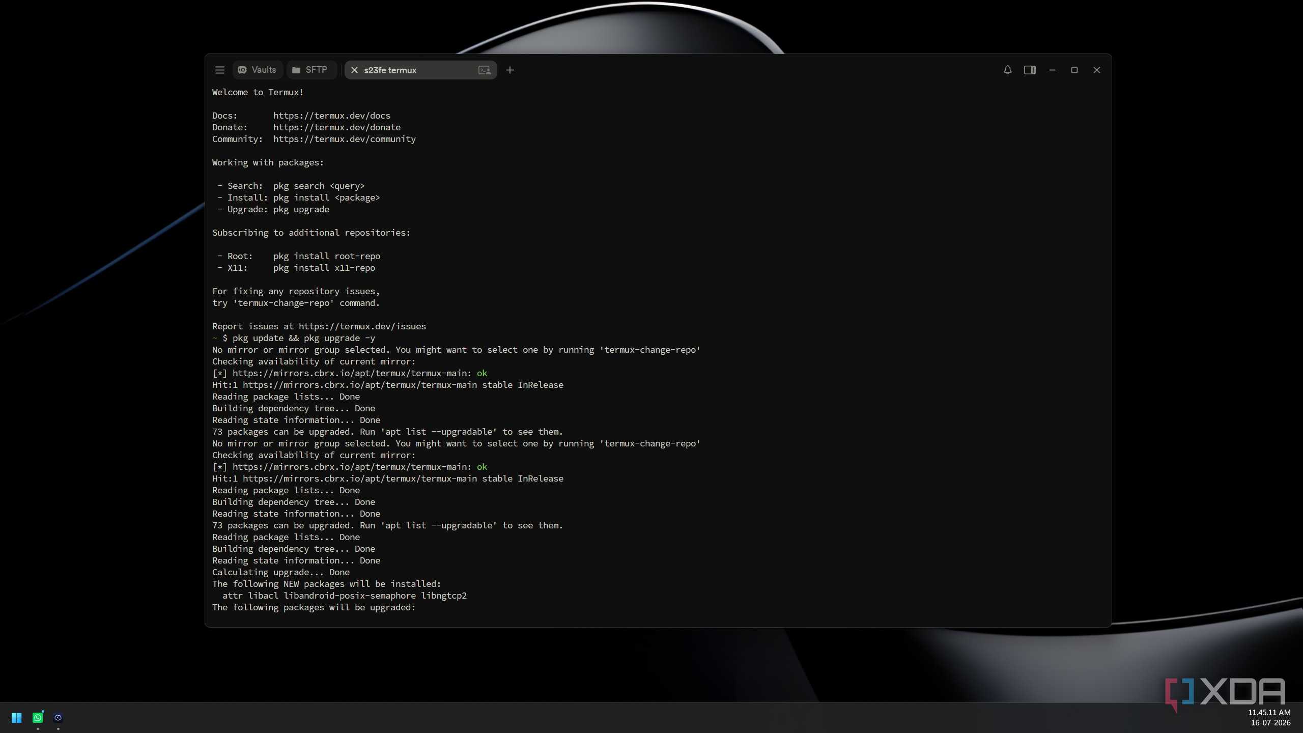 Termux welcome screen showing initial pkg update and upgrade commands running