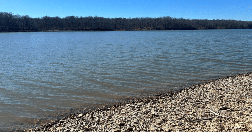 Rocky shoreline of Fellows Lake in Springfield, Missouri with bare trees under a clear blue sky.