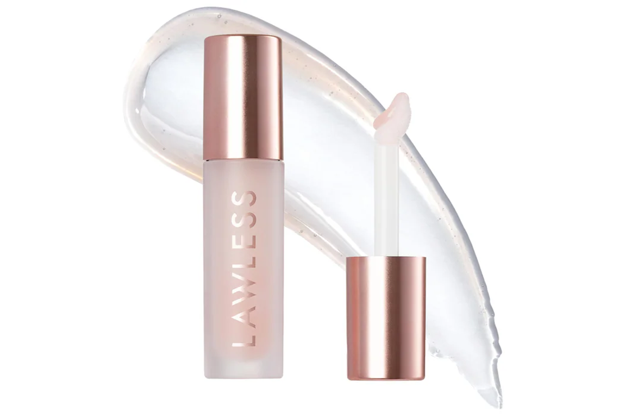 Lawless lip plumper tube and wand next to a clear swatch of the product.