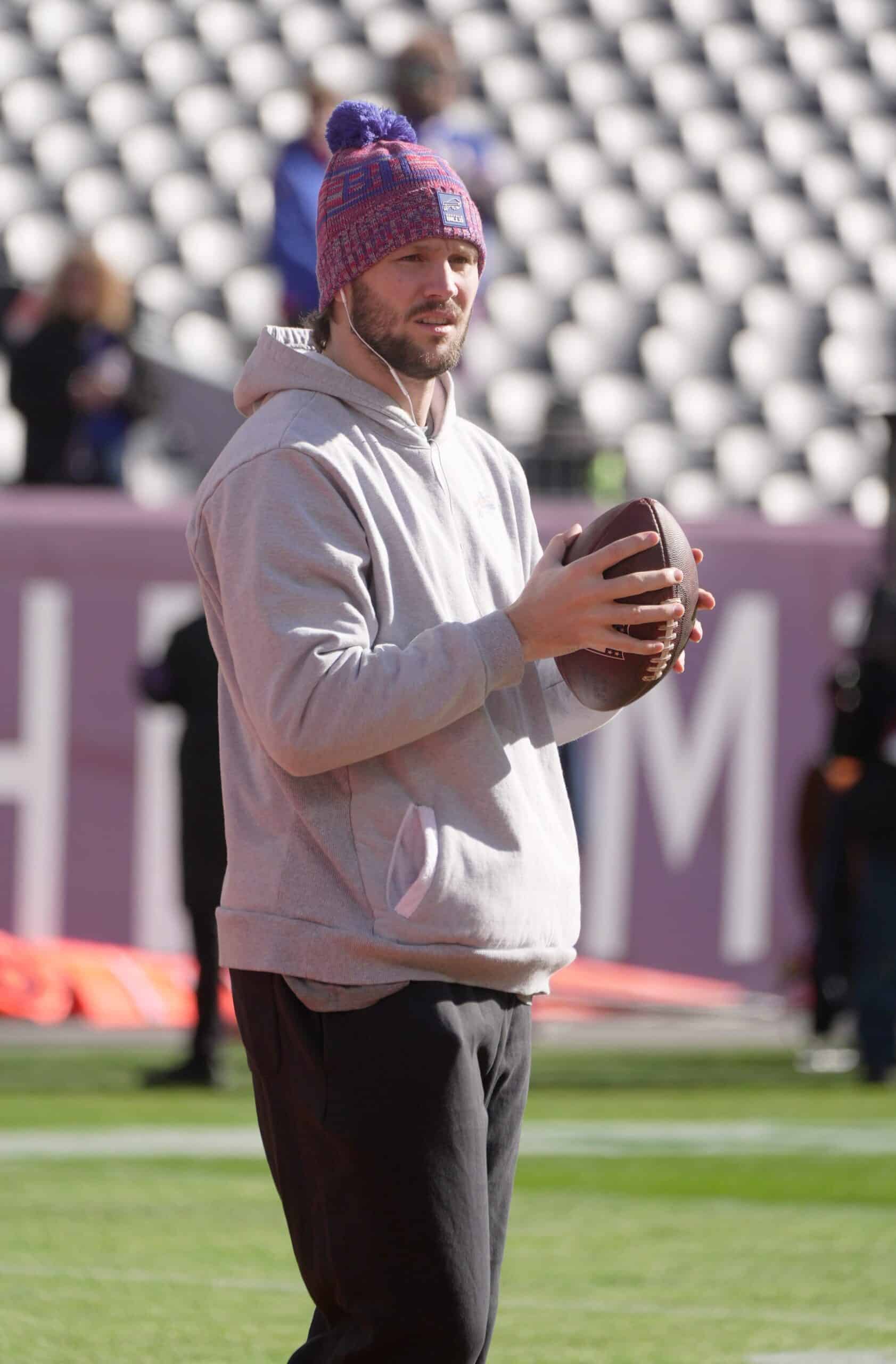 Quarterback Josh Allen gets out hours earlier on Empower FIeld at Mile High in Denver, Colorado to warm up before the game on Jan. 17, 2026.