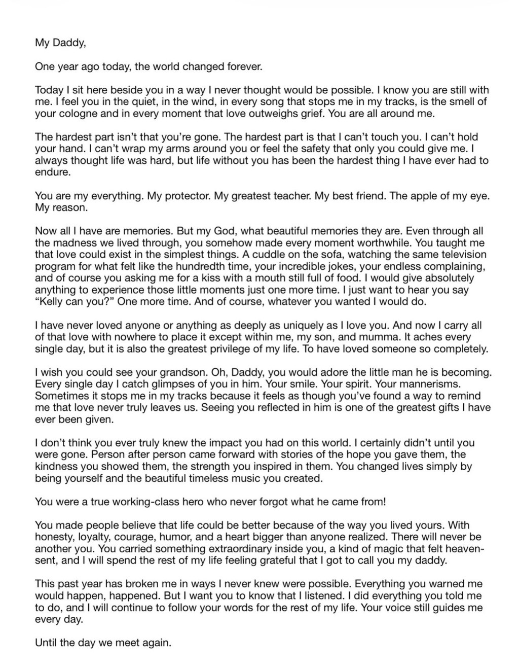 Text of a letter from Kelly Osbourne mourning her father Ozzy, one year after his death.