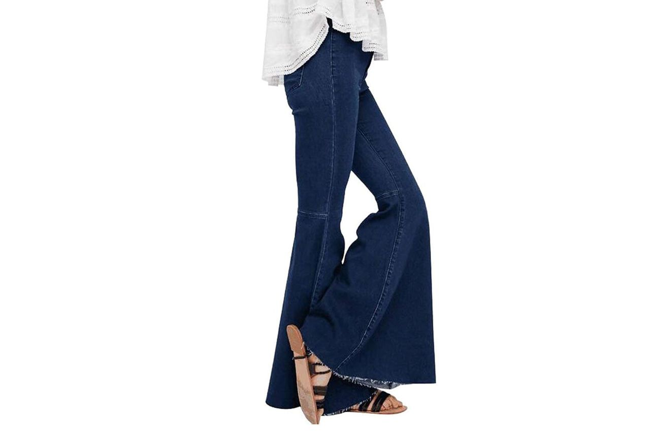 BISUAL Store Women's Fashion Bell Bottom Pants High Waist Tassel Stretch Curvy Fit Jeans Blue
