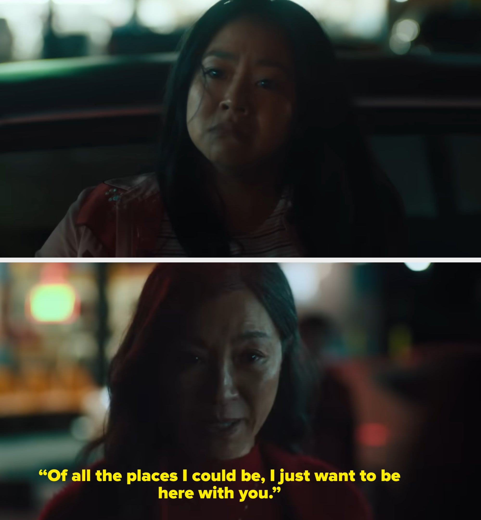 Two scenes show Stephanie Hsu as Joy and Michelle Yeoh as Evelyn in “Everything Everywhere All At Once” looking concerned in an urban night setting