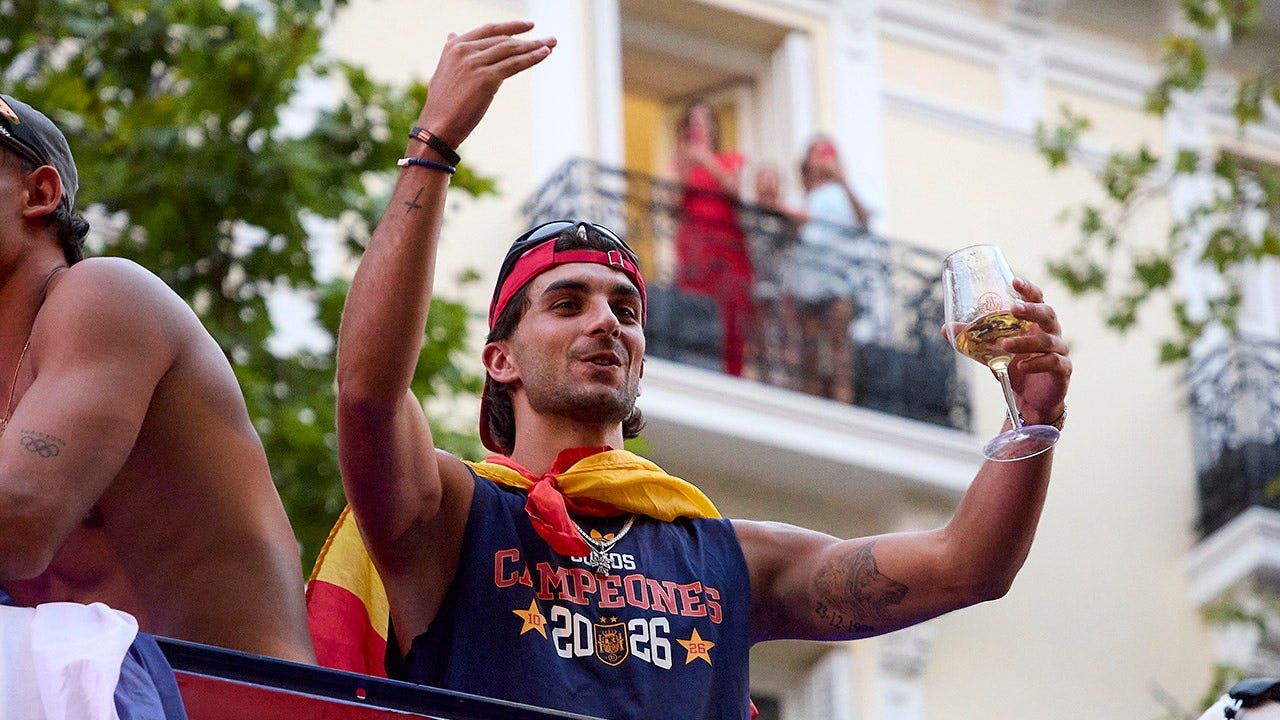 Ferran Torres stands during Spain's 2026 World Cup victory parade in Madrid.