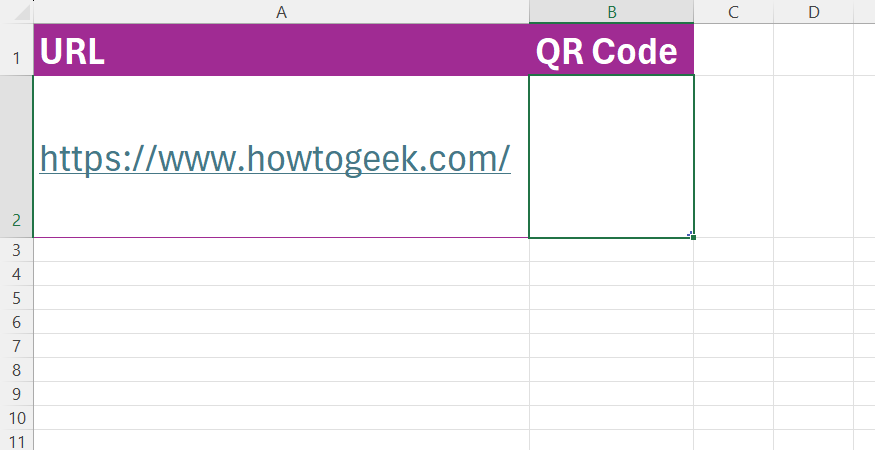 An Excel table with a URL in the left-hand column and a blank right-hand column headed QR Code.