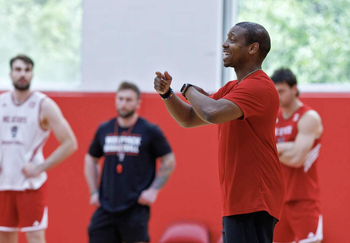 N.C. State head basketball coach Justin Gainey gives instructions during a team workout at the Dail Basketball Center on Tuesday, July 21, 2026, in Raleigh, N.C.