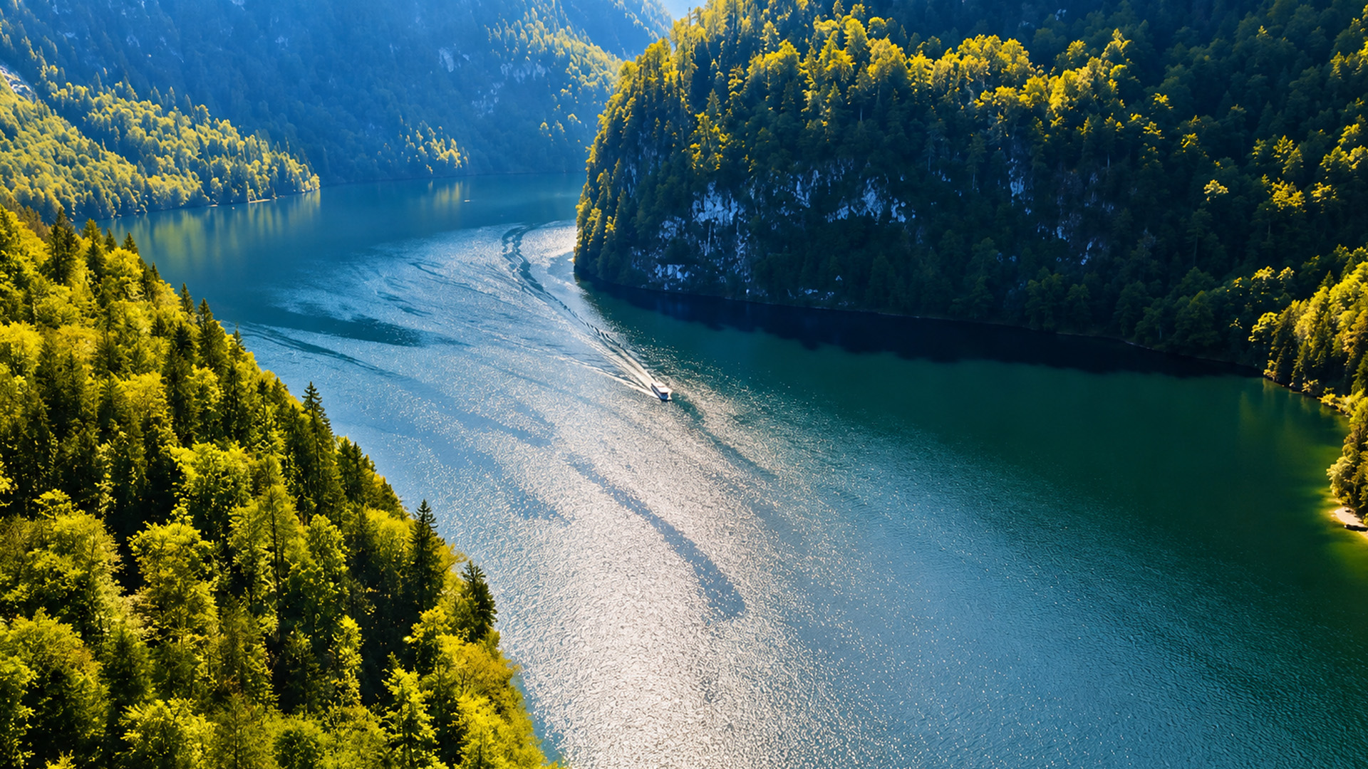 Königssee Lake surrounded by alpine mountains and forests