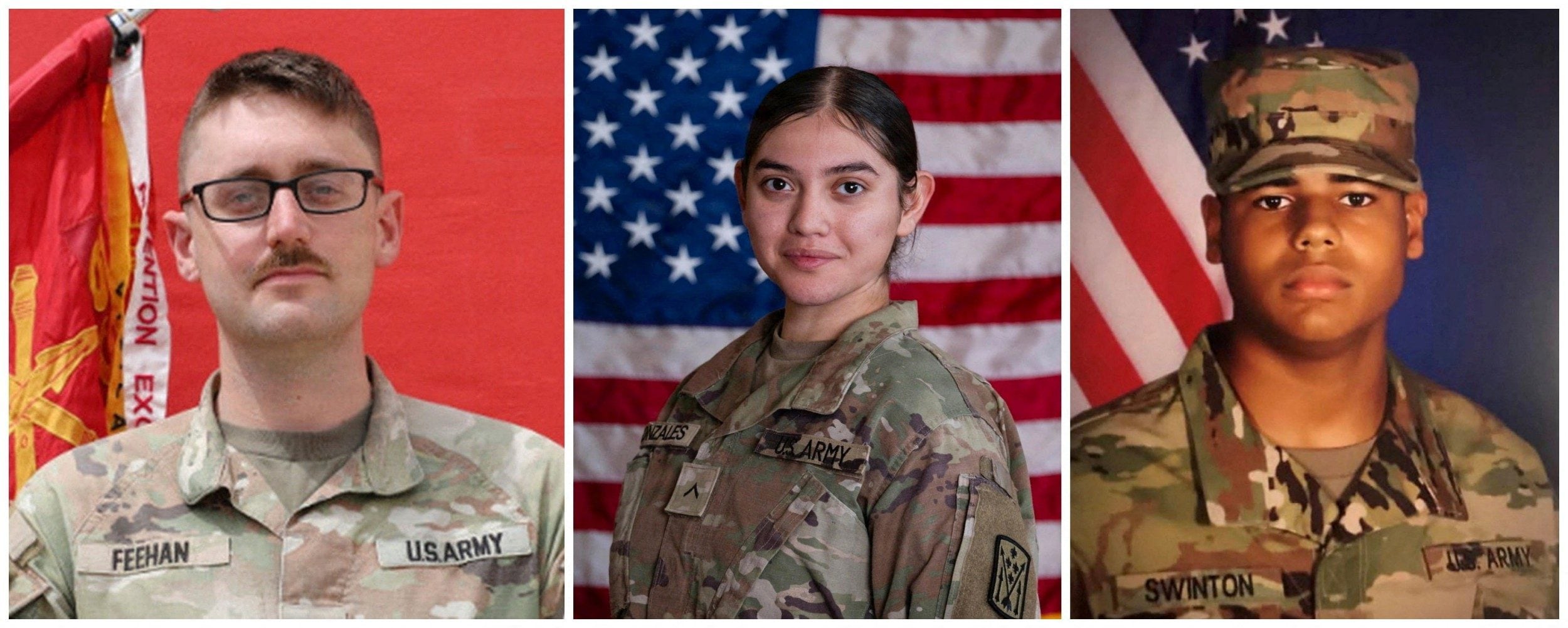 Lt Tyler James Feehan (left), Pvt Isabella Gonzales (centre), and Sgt Michael Emmanuel Swinton (right) were killed in Iranian attacks in July.