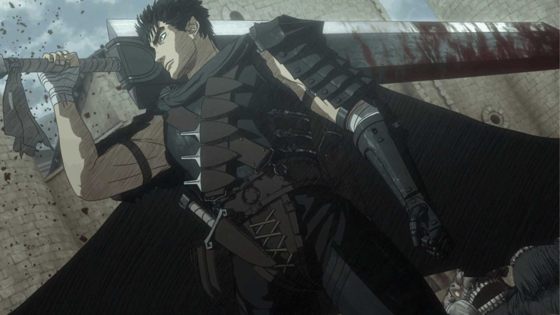Guts posing with the Dragon Slayer in Berserk anime