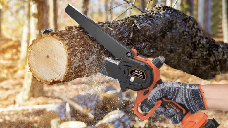 Person cutting a tree limb with a mini chainsaw