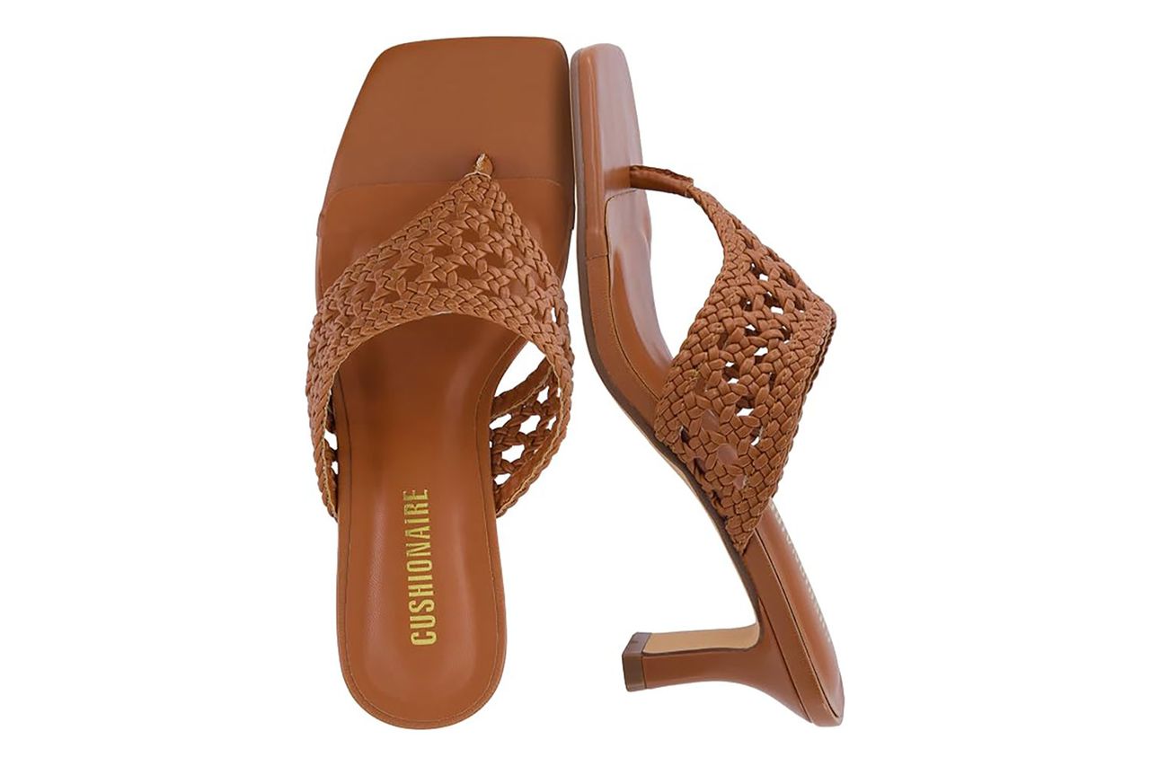 CUSHIONAIRE Spryte Flared Kitten Heels for Women, Square Toe Thong Heeled Sandals with Woven Braided Strap