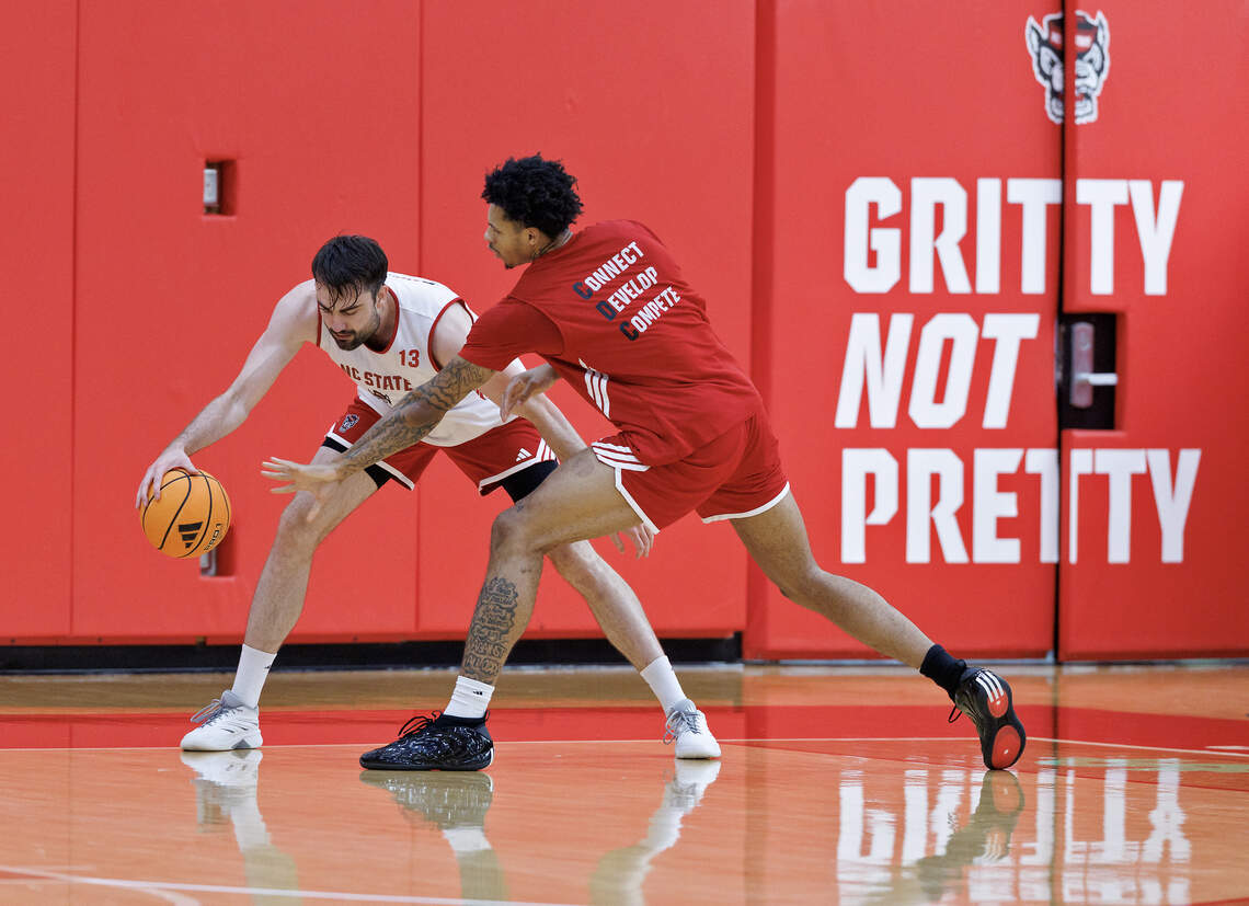 N.C. State’s Robert Jurkovic handles the ball against Shah Hall during a team workout at the Dail Basketball Center on Tuesday, July 21, 2026, in Raleigh, N.C.
