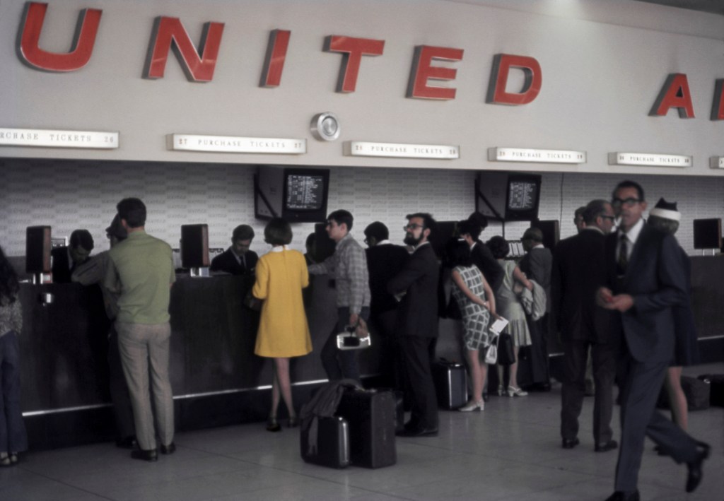 A view of a United Airlines ticket counter at LAX airport circa 1970 in Los Angeles, California.