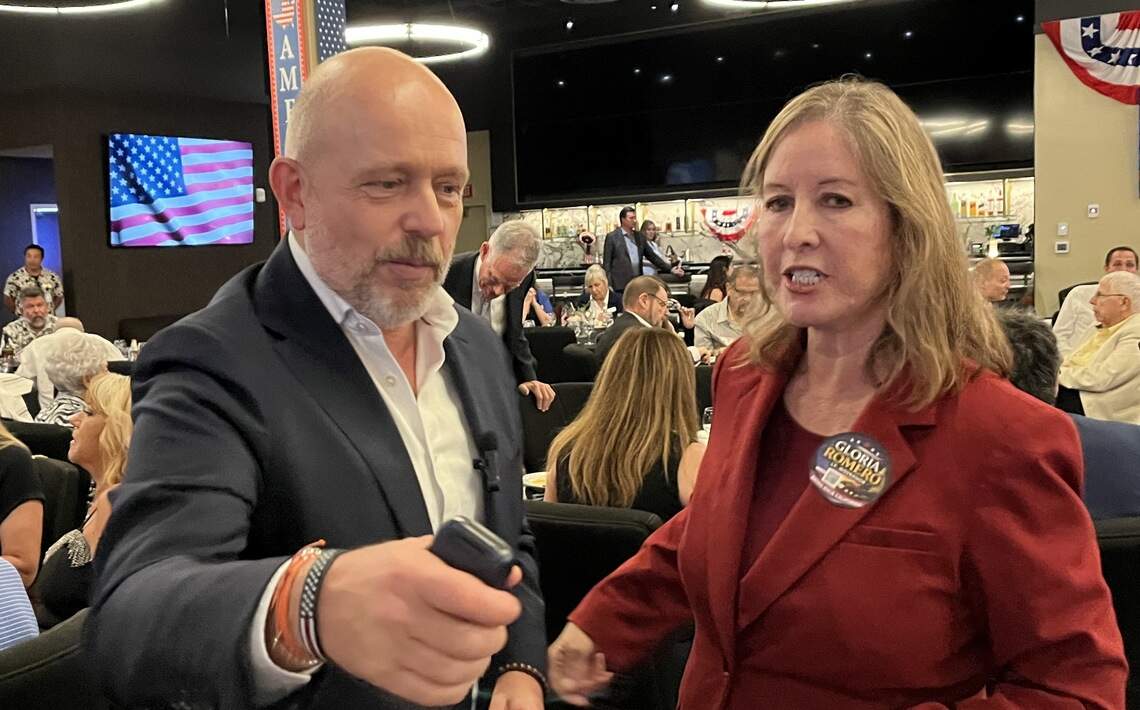 Steve Hilton, left, and Gloria Romero, candidates for governor and lieutenant governor respectively, appeared at a Romero fundraiser at the Club One Casino in Fresno on Monday, July 20, 2026.