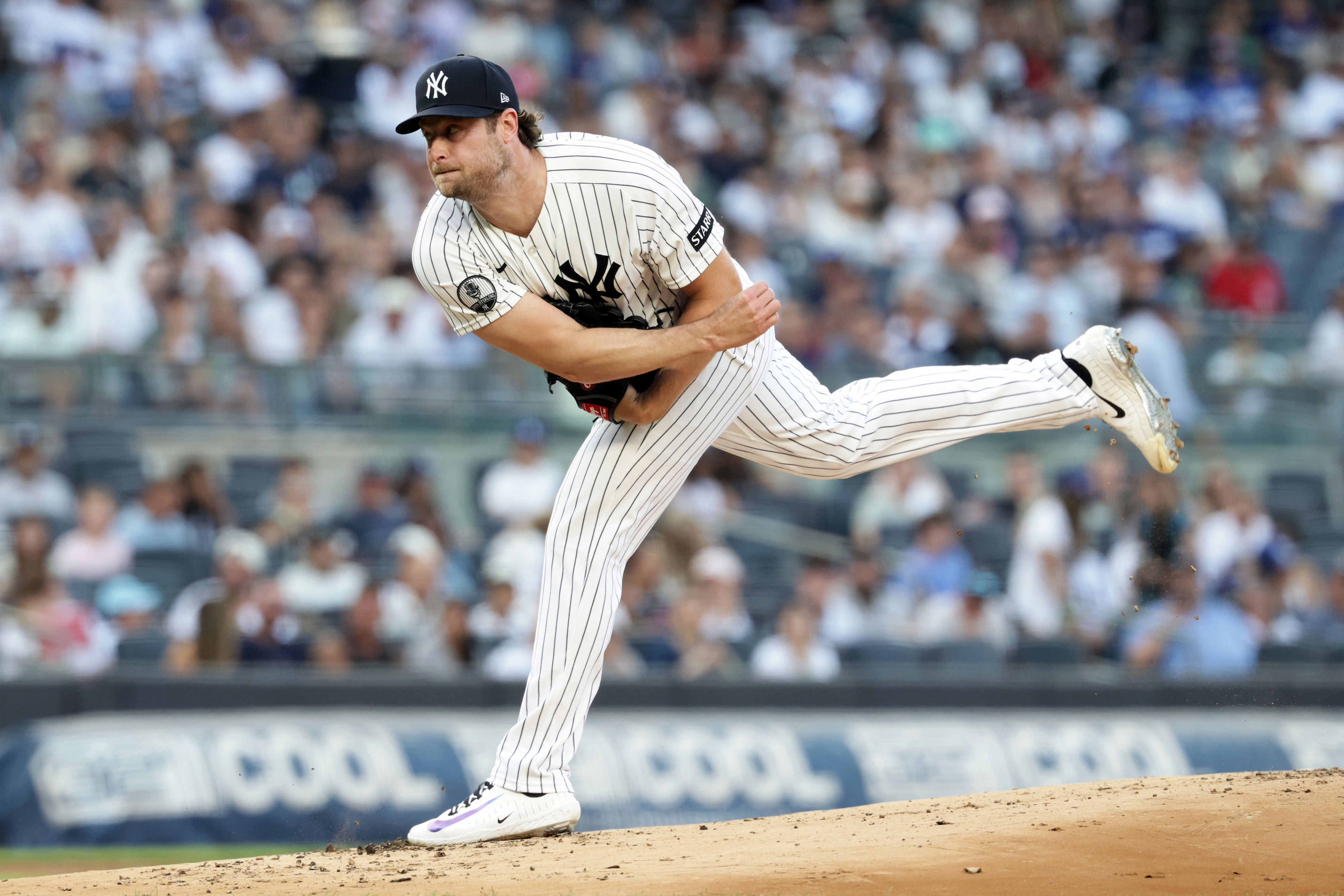 New York Yankees pitcher Gerrit Cole delivers during the first inning of a baseball game against the Los Angeles Dodgers, Friday, July 17, 2026, in New York. (AP Photo/Adam Hunger)