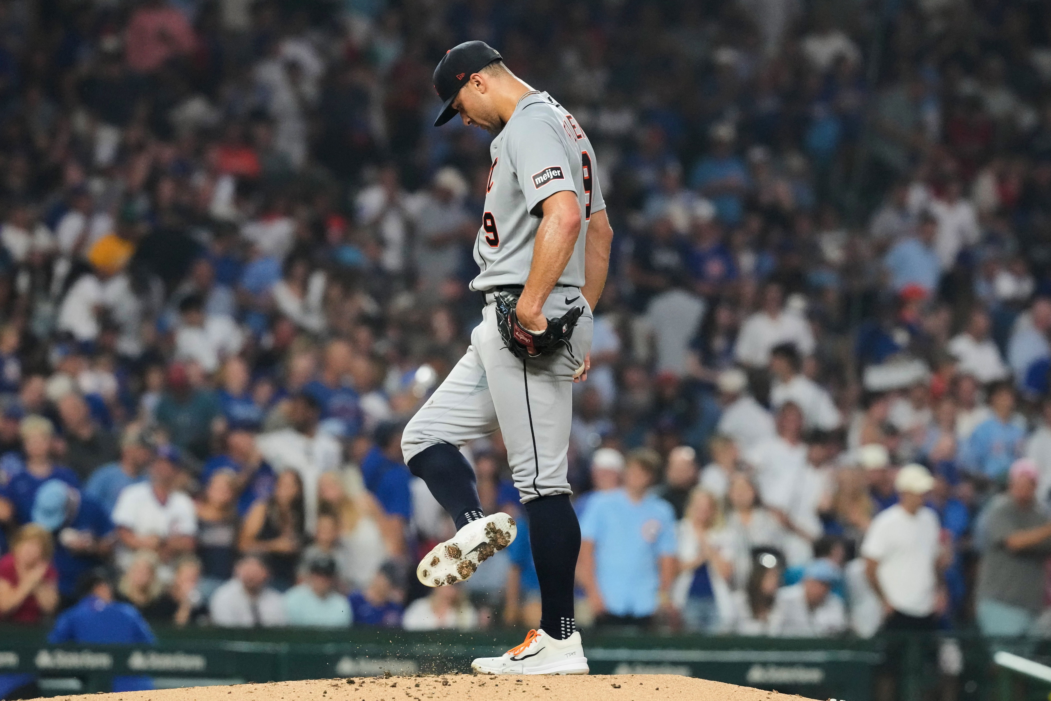 Detroit Tigers starting pitcher Jack Flaherty kicks the mound after Chicago Cubs' Seiya Suzuki of Japan, hit a two-run home run during the third inning of a baseball game in Chicago, Monday, July 20, 2026. (AP Photo/Nam Y. Huh)
