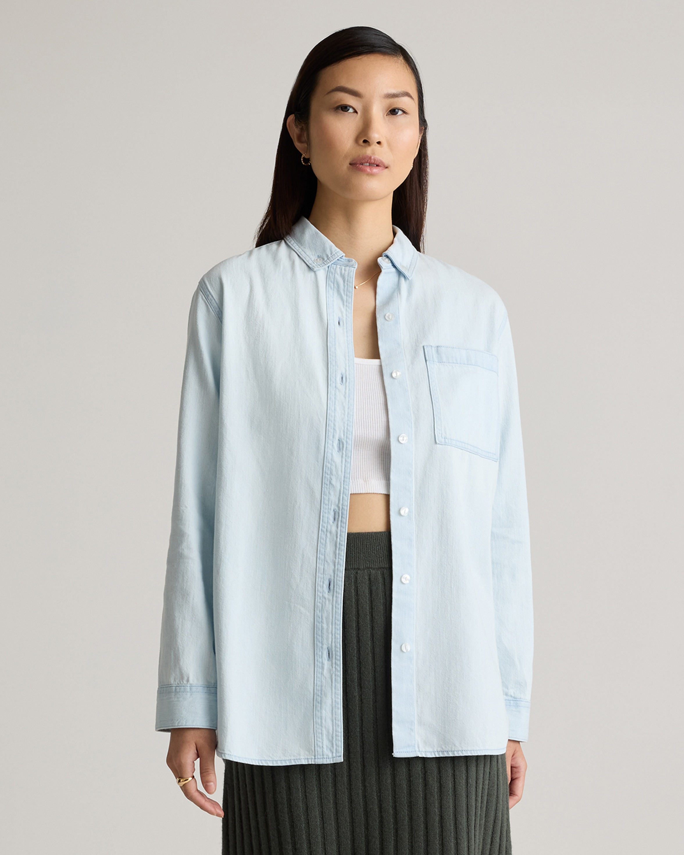 Distressed Denim Oversized Shirt in Light Chambray