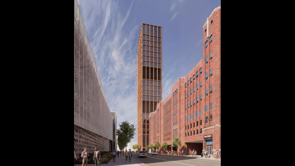 A rendering of a proposed 20-story data center tower in downtown Kansas City.