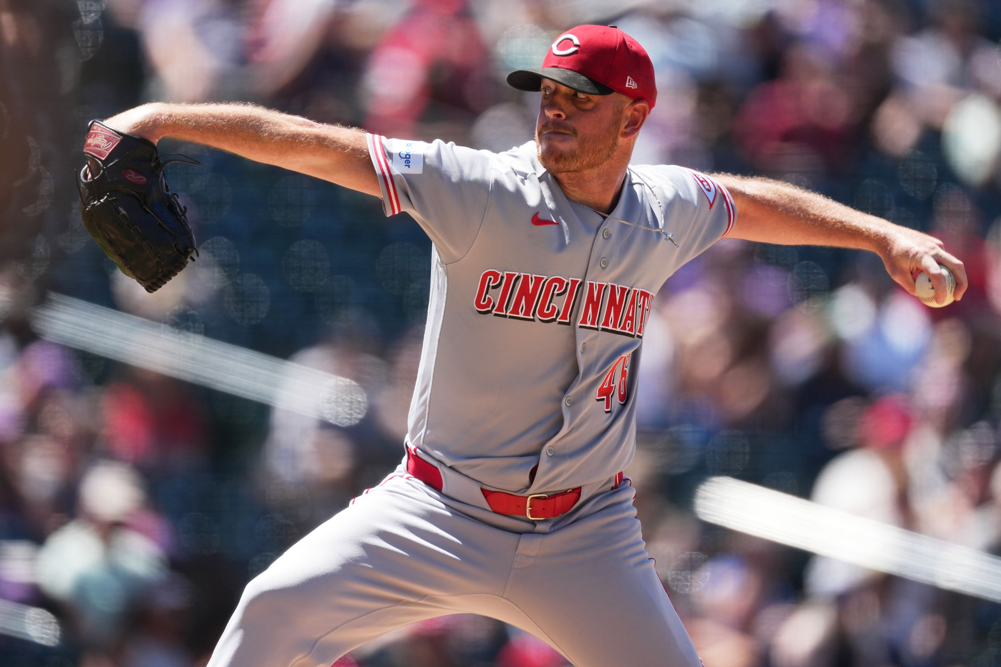 Cincinnati Reds relief pitcher Caleb Ferguson works against the Colorado Rockies in the sixtth inning of a baseball game Saturday, July 18, 2026, in Denver. (AP Photo/David Zalubowski)