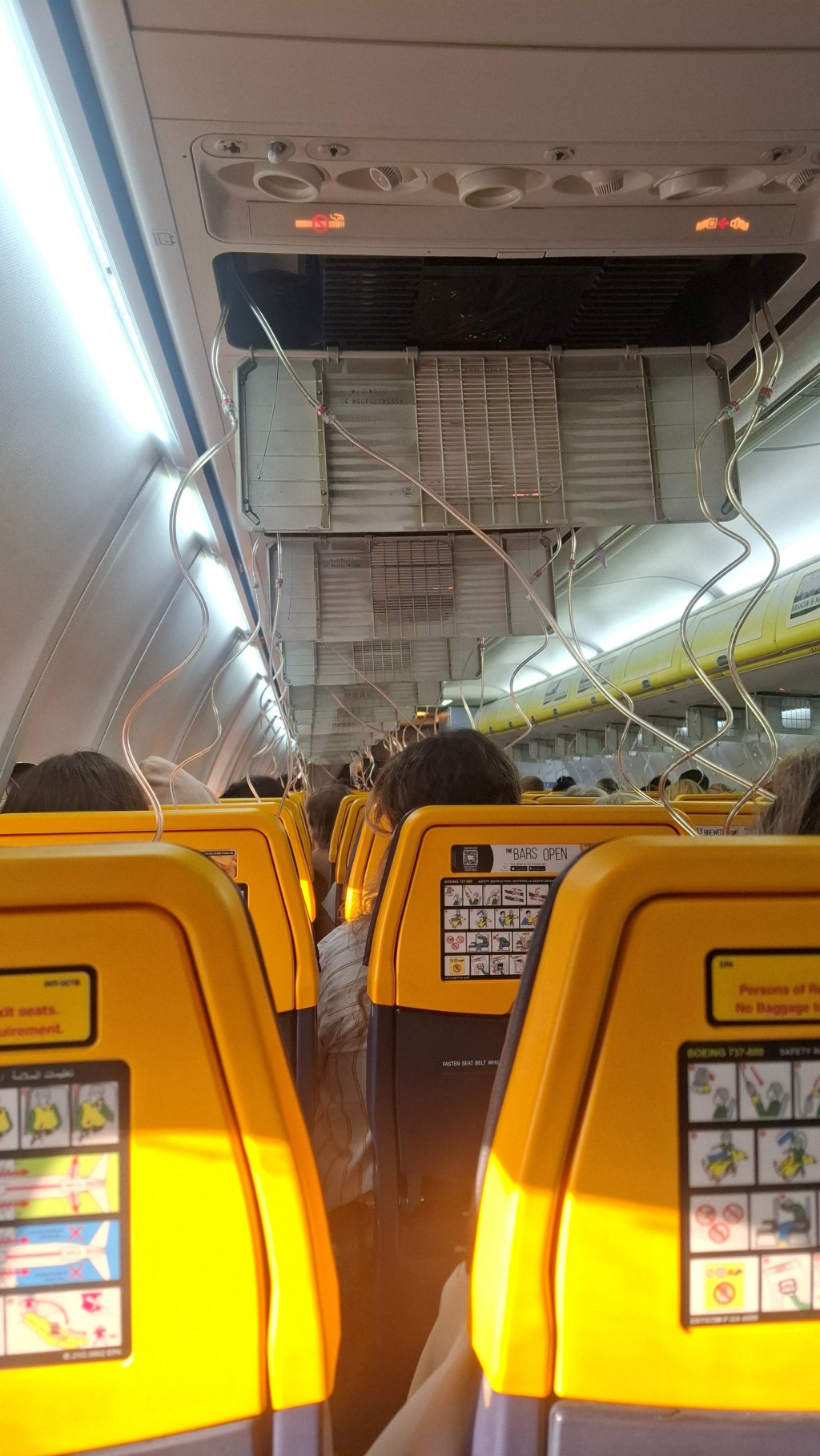 The interior of the Ryanair aircraft, following a reported emergency landing, in location given as Thessaloniki