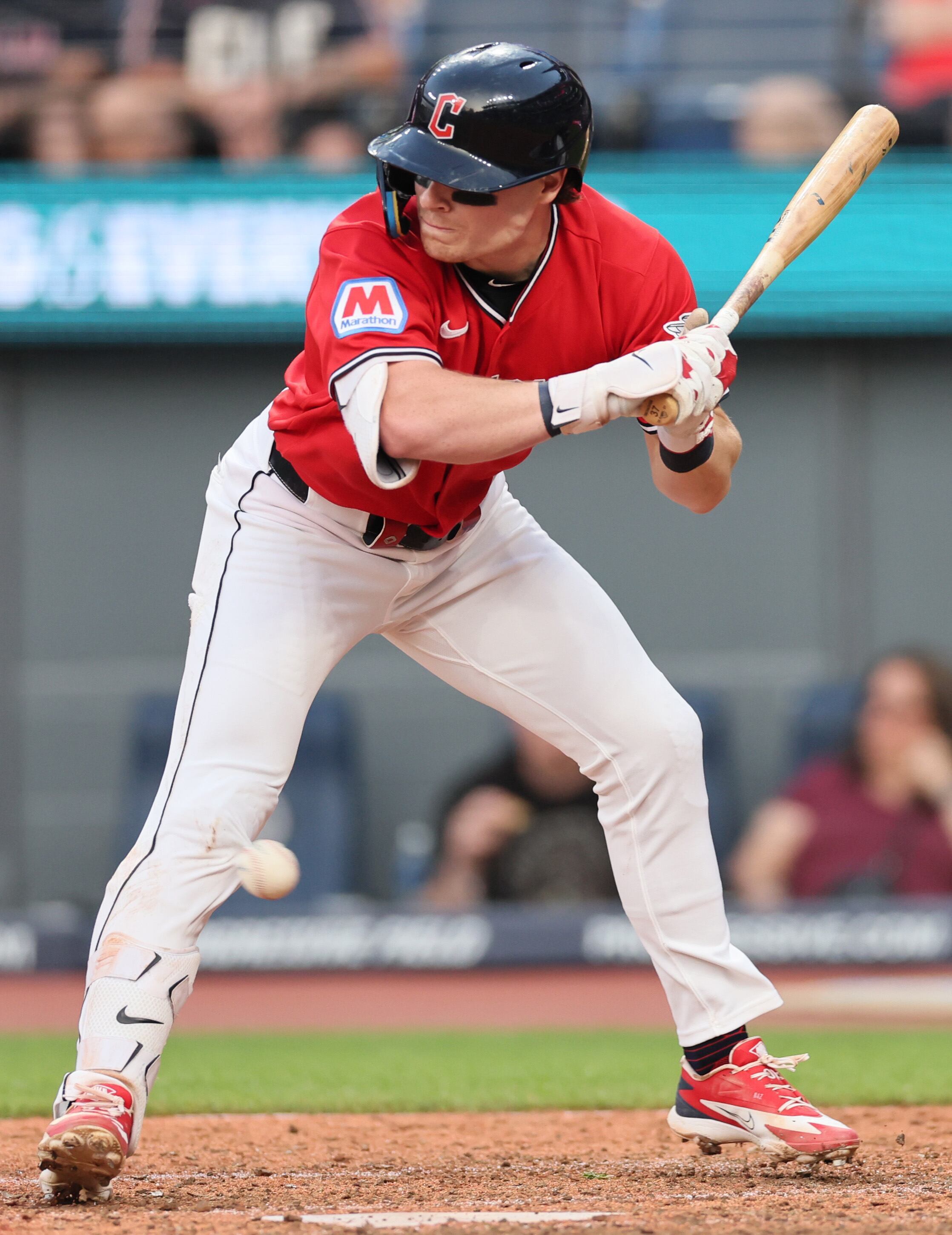 Cleveland Guardians second baseman Travis Bazzana is hit in the leg by a pitch from Minnesota Twins pitcher Mike Paredes in the sixth inning.
