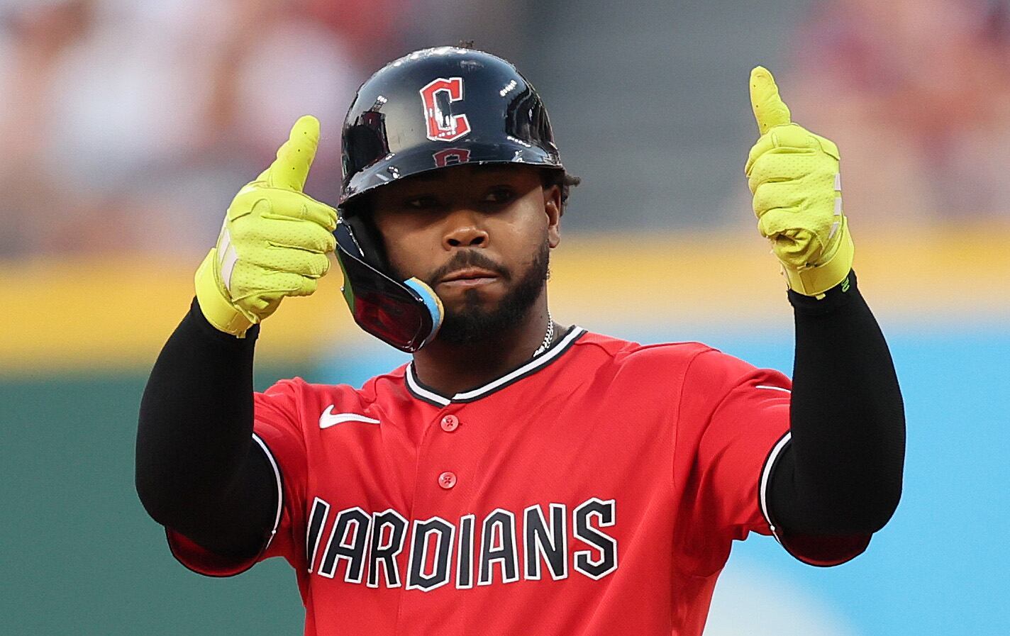 Cleveland Guardians pinch hitter Kahlil Watson celebrates his double in the sixth inning off Minnesota Twins pitcher Mike Paredes.